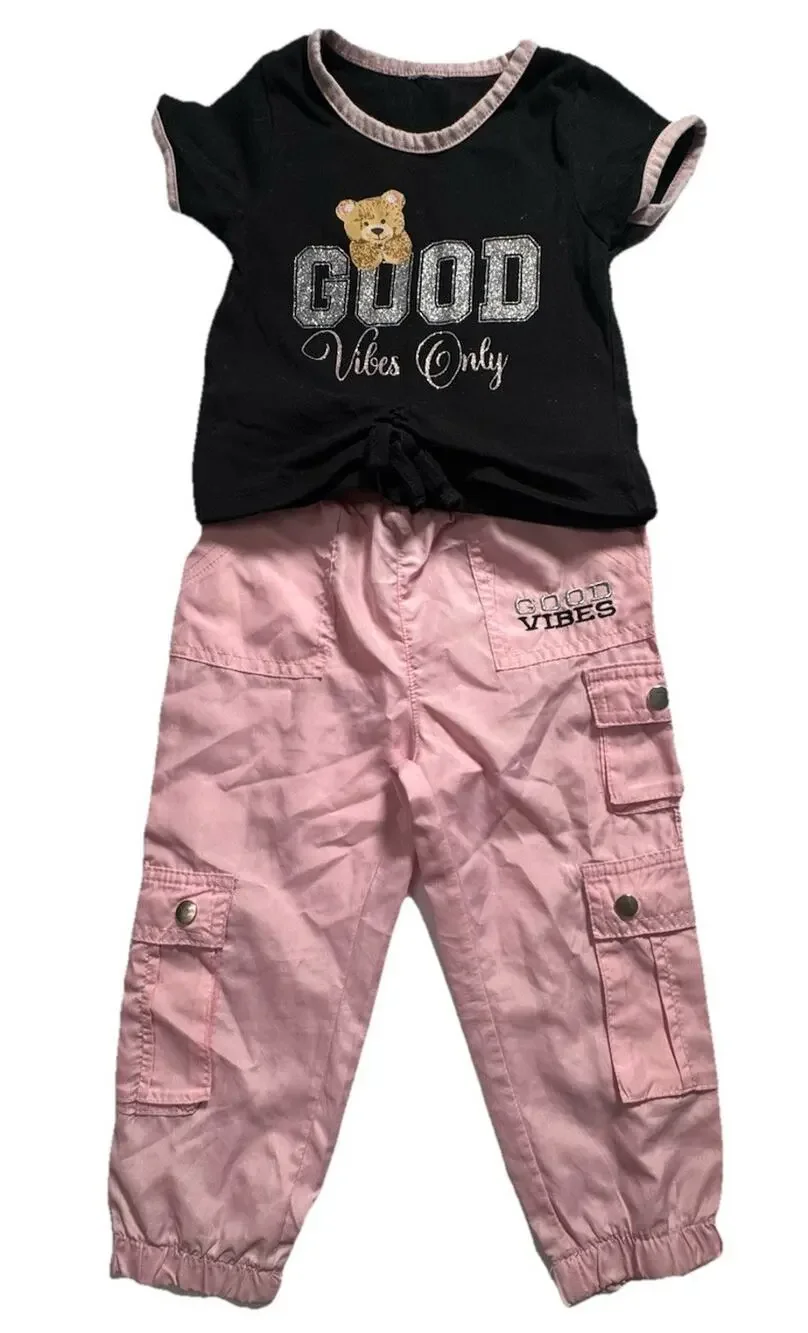 Good Vibes Baby Girl Outfit Set 24M Pink Cargo Pants Black Tee Bear